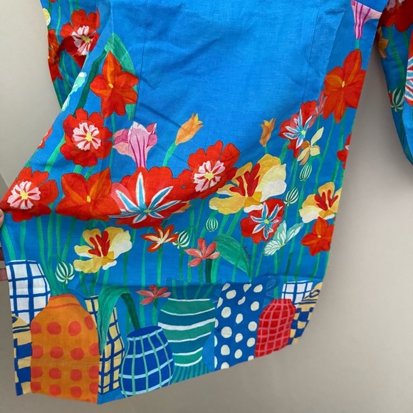 Farm Rio x Anthropologie Blue Floral Linen Blend Long Sleeve Mini Dress - Picture 6 of 14